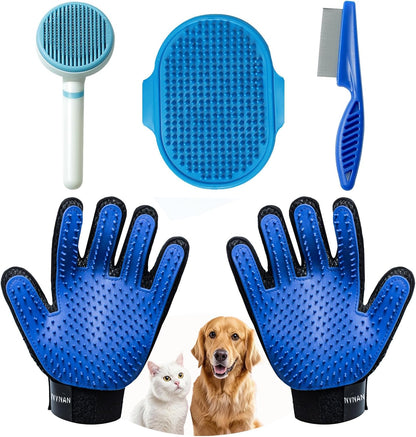 Pet Hair Removal Glove for Dogs & Cats, 2-In-1 Deshedding Brush & Massage Mitt - Grooming Gloves for Shedding Control, Bathing and Washing, Safe for Short/Long Hair Pets 2-Pack (Blue)