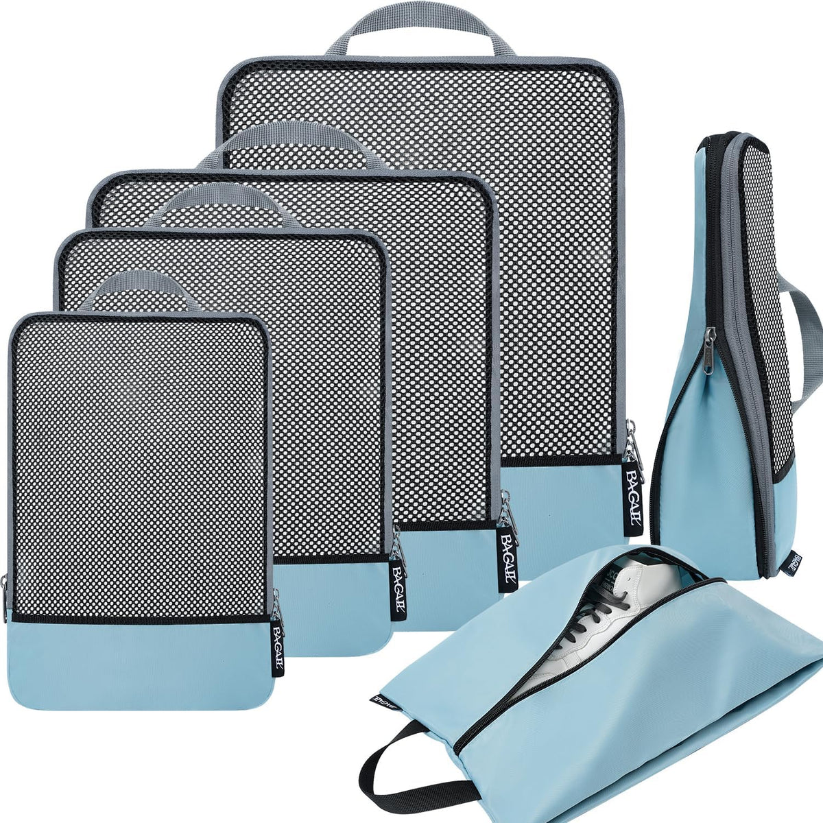 4 Set/6 Set/8 Set Compression Packing Cubes Travel Accessories Expandable Packing Organizers (Half Mesh, 6-Black)