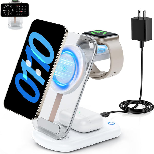 2026 Traveling Wireless Mag-Safe Fast Charging Station,Magnetic 3 in 1 Charger with Light for Iphone 17 16 15 14 13 12 Pro Max Plus,Apple Watch& Air Pods 4 3 2 Pro-Gifts for Wife & Husband(White)