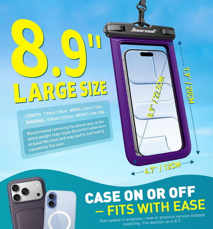 Universal Waterproof Phone Pouch, Dry Bag Compatible for Iphone 17 16 15 14 13 Pro Max XS plus Samsung Galaxy S22 Cellphone up to 8.9", IPX8 Water Proof Cell Phone Case for Beach-2Pack