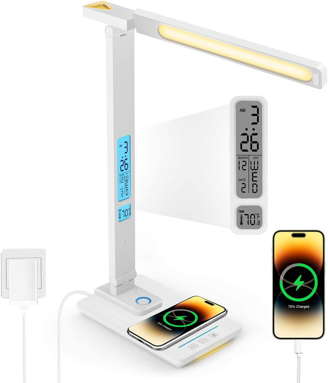 Desk Lamp with Wireless Charger: USB Charging Port, Table Lamp with Clock, Desk Lamps for Home Office College Dorm Room Essentials