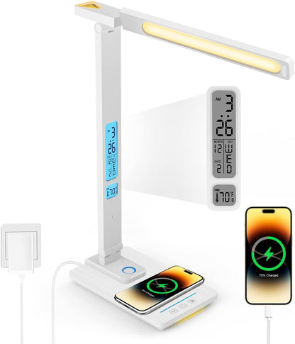 Desk Lamp with Wireless Charger: USB Charging Port, Table Lamp with Clock, Desk Lamps for Home Office College Dorm Room Essentials