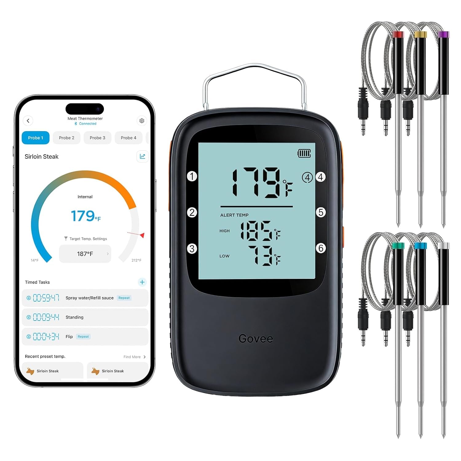 Govee Bluetooth Meat Thermometer Digital with Smart App Timer and Alerts | 2 Probes, 230Ft Bluetooth Range, Smart LCD Backlight, Free Data Storage, Grill Thermometer for Cooking Turkey, Beef, Fish