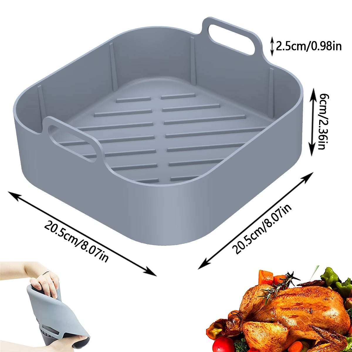 2Pcs Air Fryer Silicone Liner with Handle Reusable Air Fryer Silicone Pan Square Air Fryer Silicone Pot Heat Resistant Air Fryer Silicone Tray Nonstick Air Fryer Liner Accessories for 6QT Air Fryer