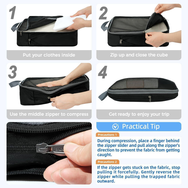 4 Set/6 Set/8 Set Compression Packing Cubes Travel Accessories Expandable Packing Organizers (Half Mesh, 6-Black)