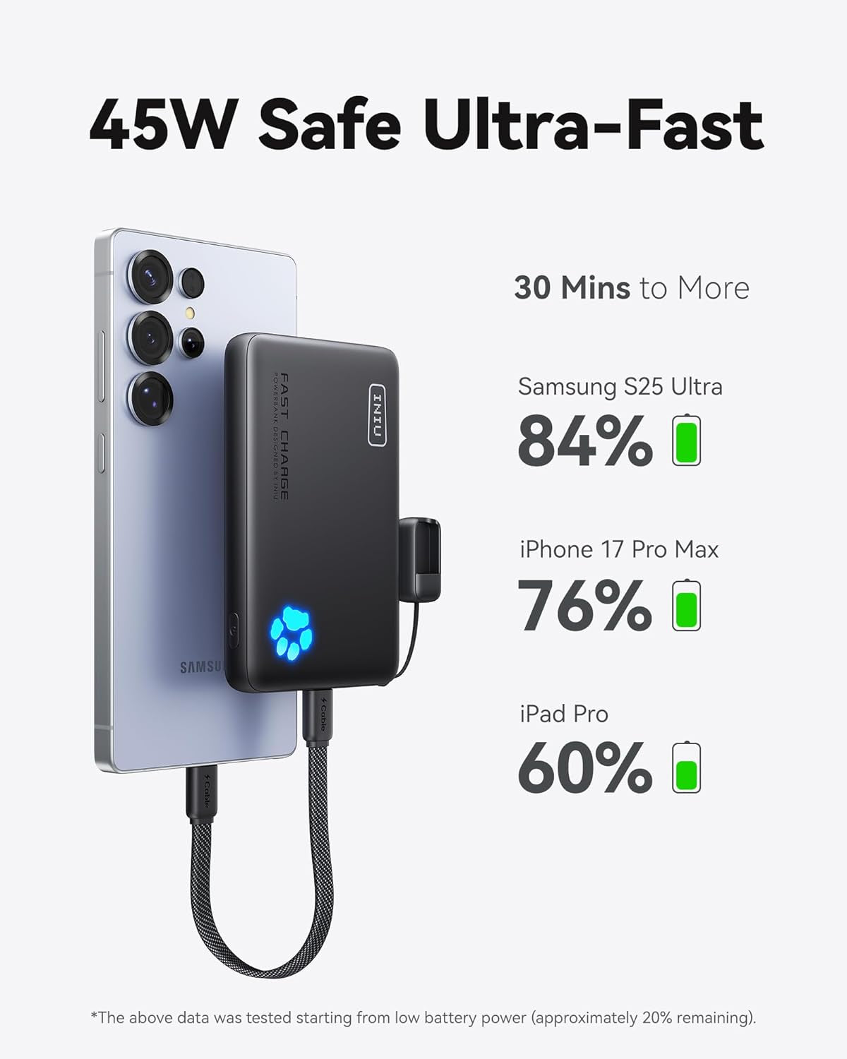 45W Fast Charging Portable Charger, 40% Smaller 10000Mah with Detachable Cable, Flight-Safe Travel Power Bank, USB C External Phone Battery Pack for Iphone 17 16 Pro Ipad Samsung S26 Google Etc