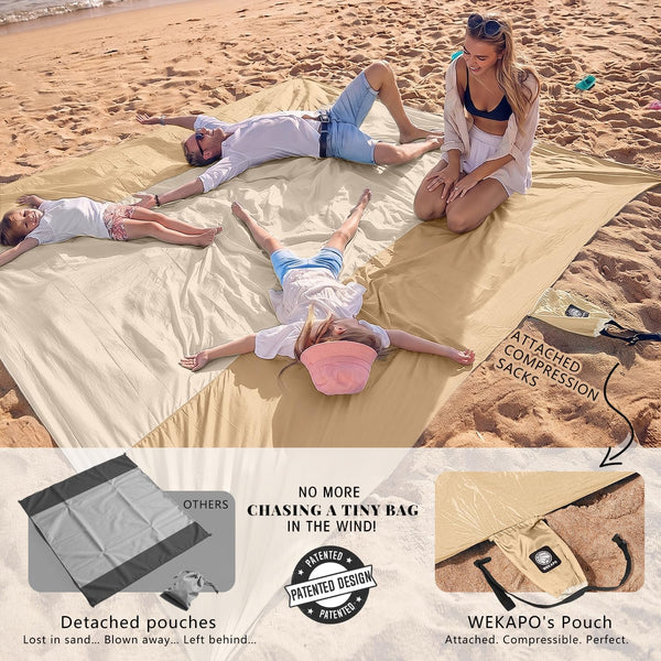 Beach Blanket Sandproof Waterproof, Extra Large Beach Mat, Oversized & Compact Sand Free, Quick Drying Beach Essentials for Vacation, Cruise, Picnic & Camping with Stakes