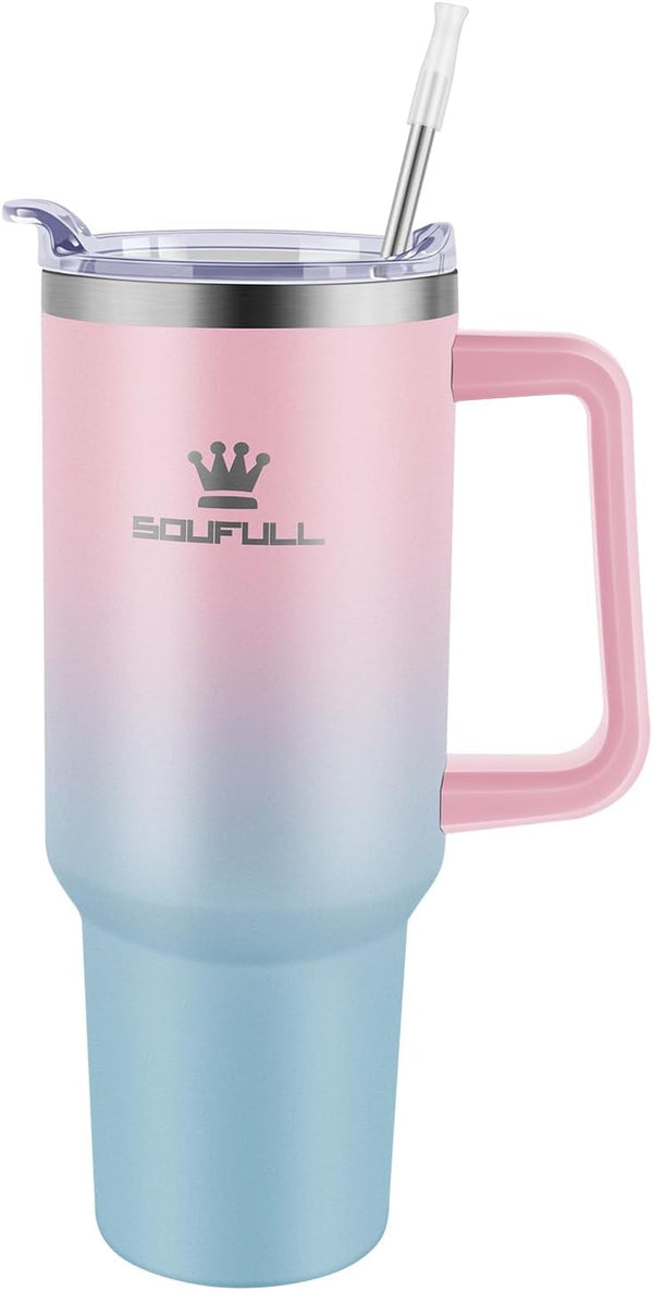 40 Oz Tumbler with Handle and Straw Lid, 100% Leak-Proof, Pinkblue | Stainless Steel Insulated Travel Coffee Cup, Keeps Cold 34Hrs or Hot 10Hrs, Dishwasher Safe