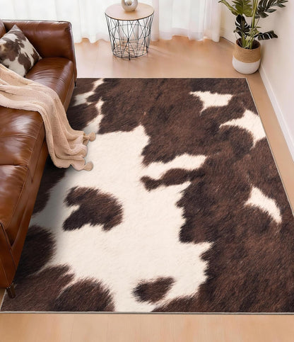 Cowhide 4X6 Area Rug, Brown Cow Rugs for Living Room, Soft Low-Pile Washable Rug, Western Rustic Faux Animal Print Rugs for Bedroom, Dining Room
