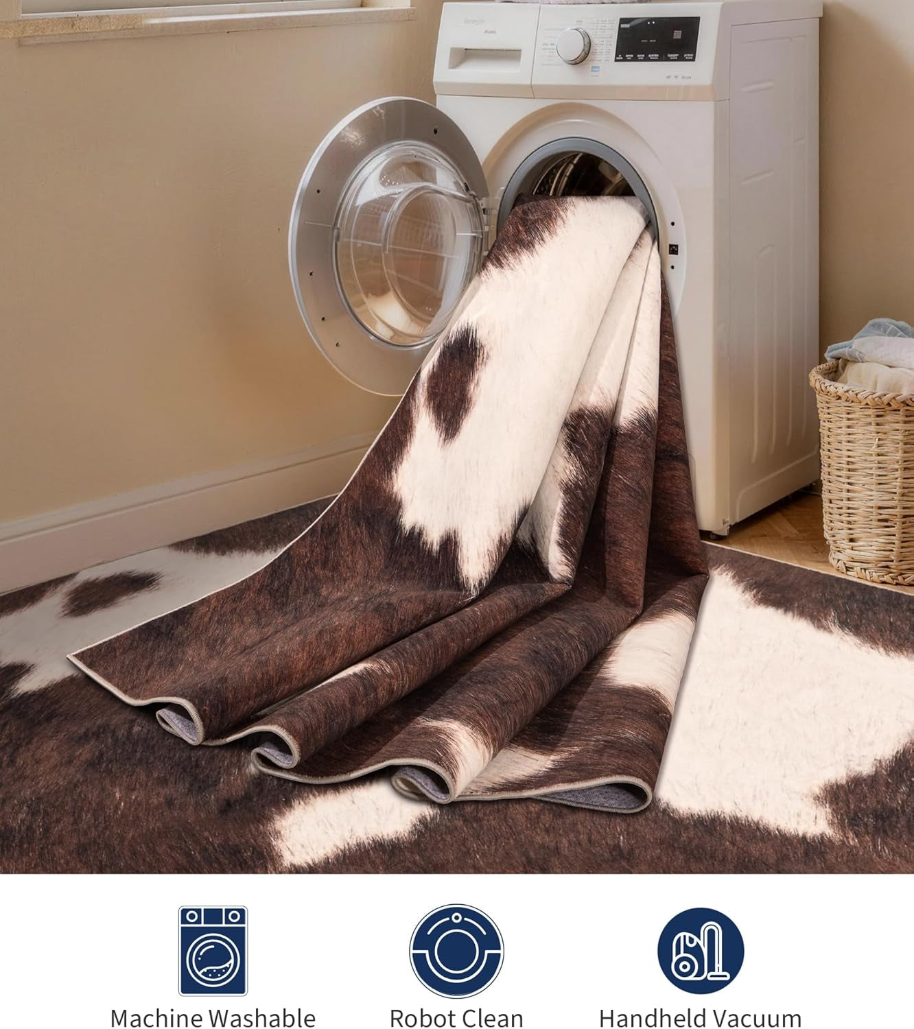Cowhide 4X6 Area Rug, Brown Cow Rugs for Living Room, Soft Low-Pile Washable Rug, Western Rustic Faux Animal Print Rugs for Bedroom, Dining Room