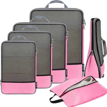 4 Set/6 Set/8 Set Compression Packing Cubes Travel Accessories Expandable Packing Organizers (Half Mesh, 6-Black)