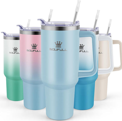 40 Oz Tumbler with Handle and Straw Lid, 100% Leak-Proof, Pinkblue | Stainless Steel Insulated Travel Coffee Cup, Keeps Cold 34Hrs or Hot 10Hrs, Dishwasher Safe