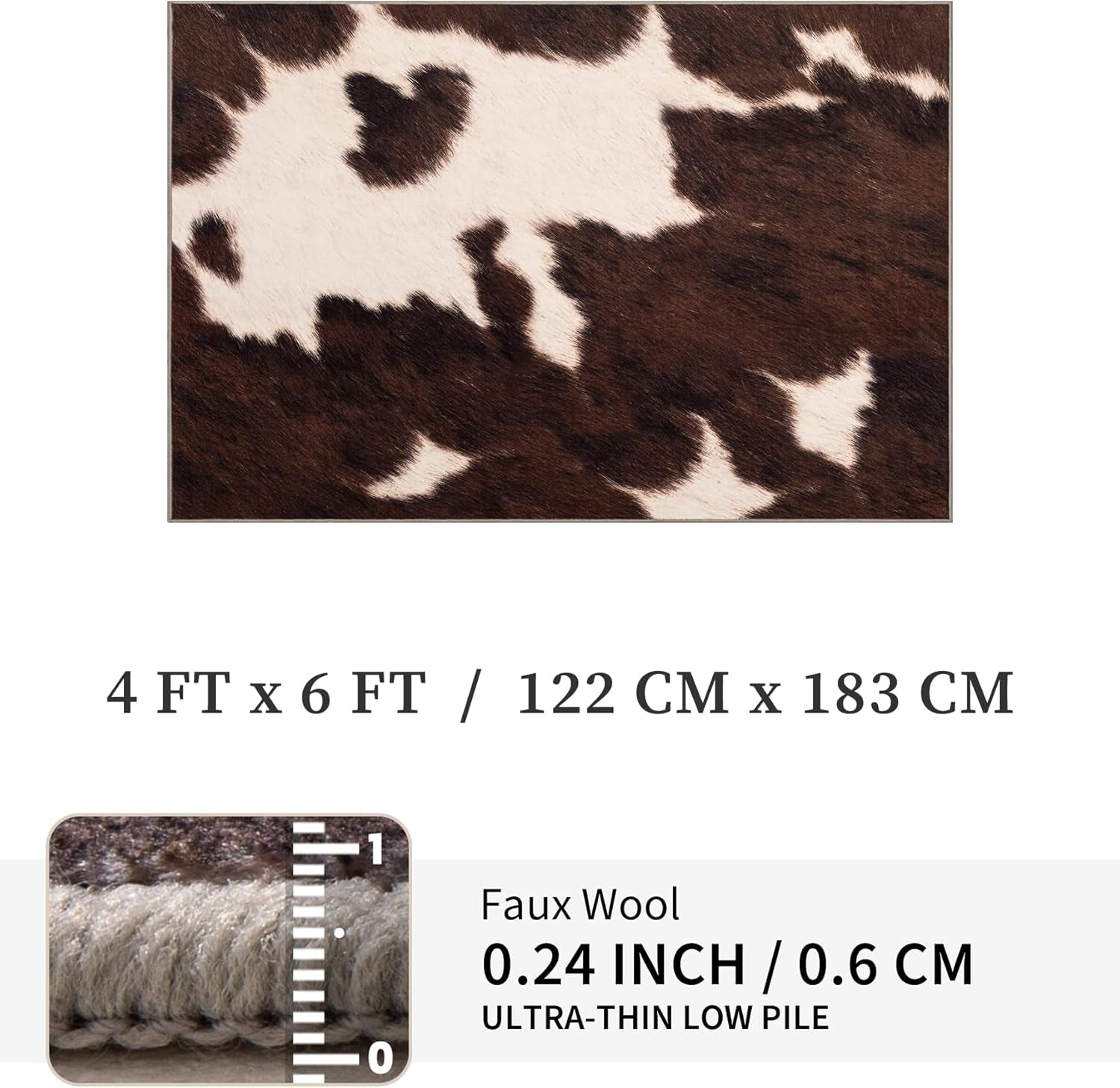 Cowhide 4X6 Area Rug, Brown Cow Rugs for Living Room, Soft Low-Pile Washable Rug, Western Rustic Faux Animal Print Rugs for Bedroom, Dining Room