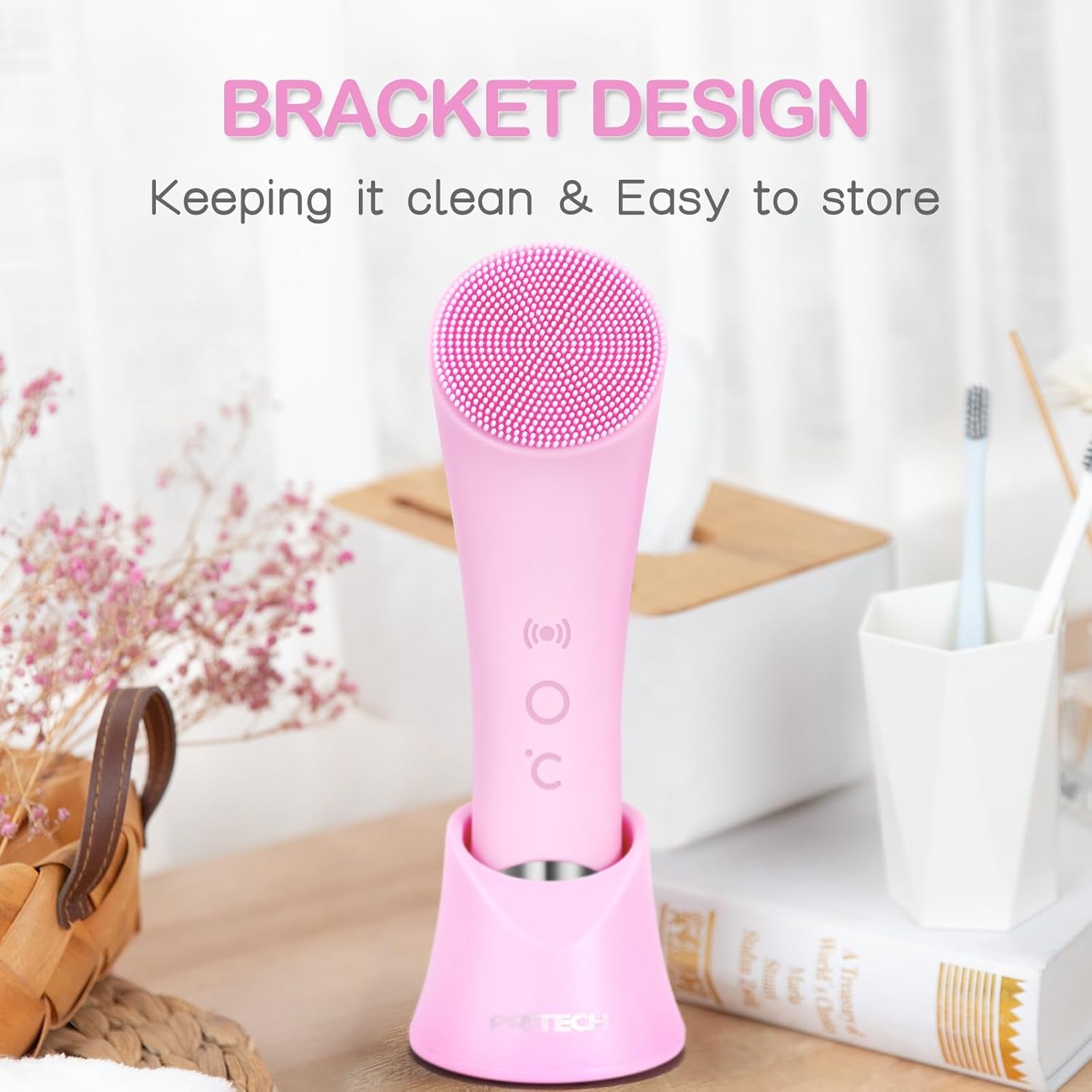 Facial Cleansing Brush, Rechargeable Silicone Face Scrubber with Heat Massage End, Vibrating Exfoliator Scrubber for Deep Cleaning, Waterproof Face Brush for Women and Men (Pink)