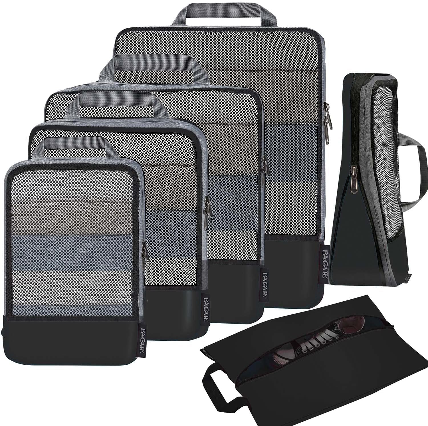 4 Set/6 Set/8 Set Compression Packing Cubes Travel Accessories Expandable Packing Organizers (Half Mesh, 6-Black)
