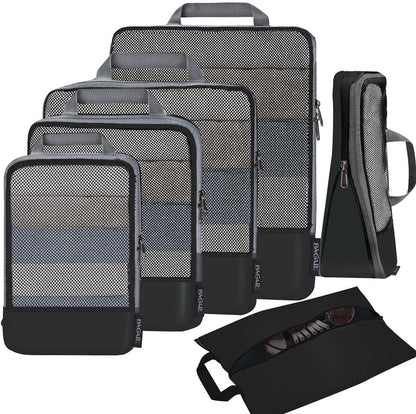 4 Set/6 Set/8 Set Compression Packing Cubes Travel Accessories Expandable Packing Organizers (Half Mesh, 6-Black)