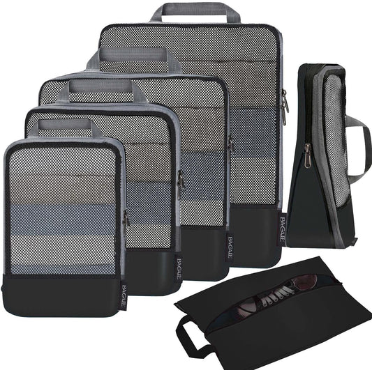 4 Set/6 Set/8 Set Compression Packing Cubes Travel Accessories Expandable Packing Organizers (Half Mesh, 6-Black)