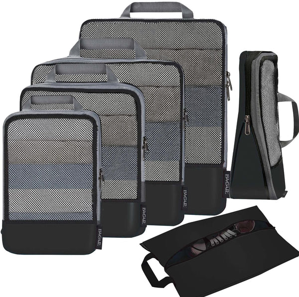 4 Set/6 Set/8 Set Compression Packing Cubes Travel Accessories Expandable Packing Organizers (Half Mesh, 6-Black)