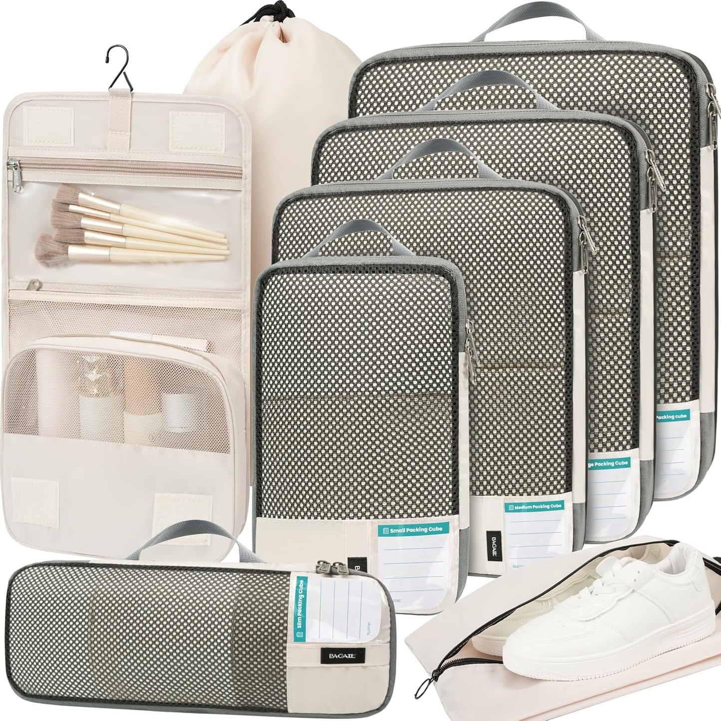 4 Set/6 Set/8 Set Compression Packing Cubes Travel Accessories Expandable Packing Organizers (Half Mesh, 6-Black)