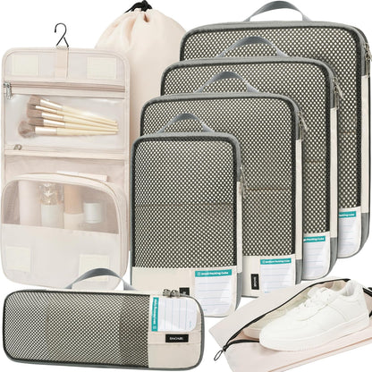 4 Set/6 Set/8 Set Compression Packing Cubes Travel Accessories Expandable Packing Organizers (Half Mesh, 6-Black)