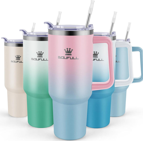 40 Oz Tumbler with Handle and Straw Lid, 100% Leak-Proof, Pinkblue | Stainless Steel Insulated Travel Coffee Cup, Keeps Cold 34Hrs or Hot 10Hrs, Dishwasher Safe