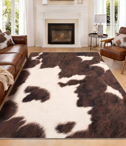 Cowhide 4X6 Area Rug, Brown Cow Rugs for Living Room, Soft Low-Pile Washable Rug, Western Rustic Faux Animal Print Rugs for Bedroom, Dining Room
