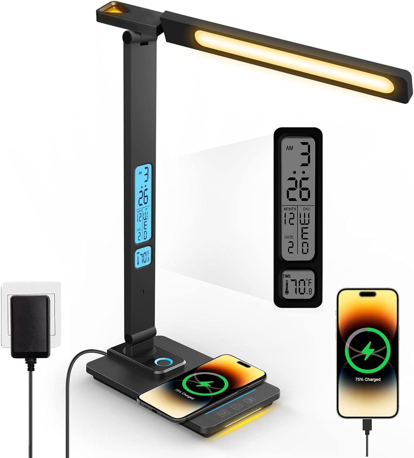 Desk Lamp with Wireless Charger: USB Charging Port, Table Lamp with Clock, Desk Lamps for Home Office College Dorm Room Essentials