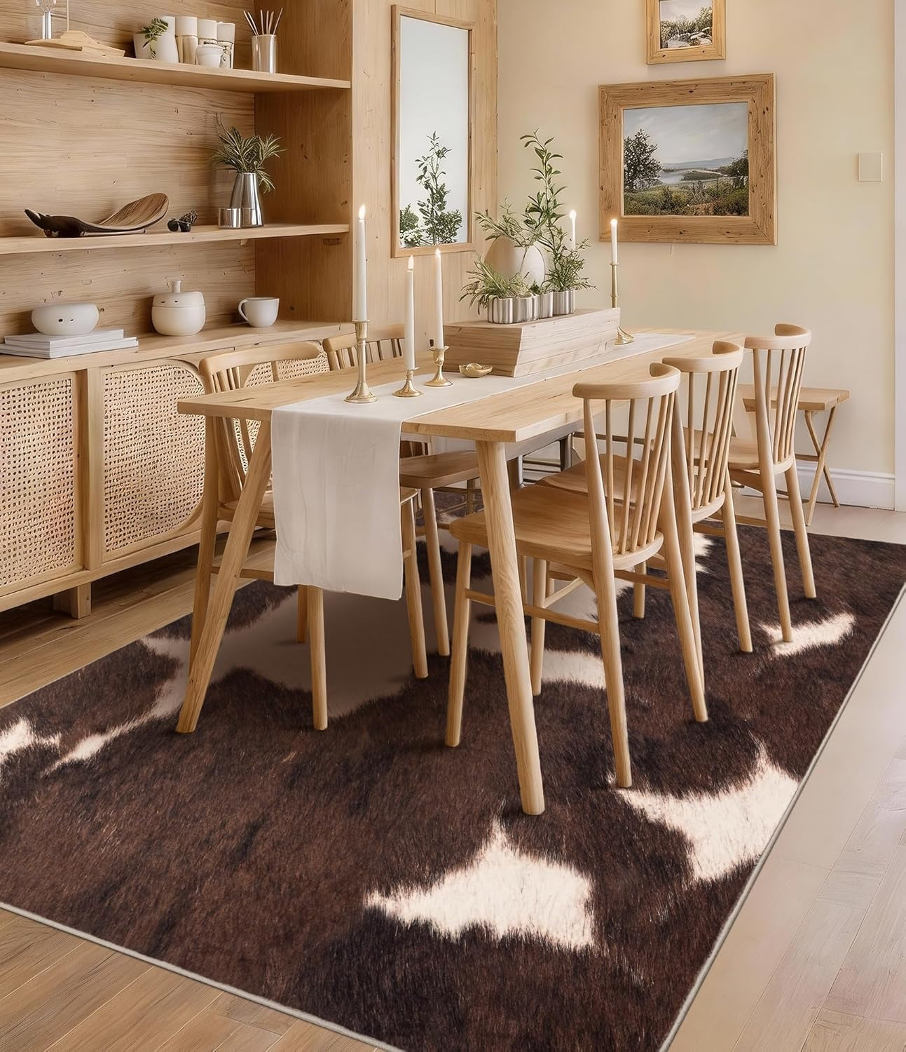Cowhide 4X6 Area Rug, Brown Cow Rugs for Living Room, Soft Low-Pile Washable Rug, Western Rustic Faux Animal Print Rugs for Bedroom, Dining Room