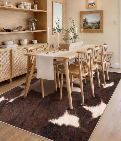 Cowhide 4X6 Area Rug, Brown Cow Rugs for Living Room, Soft Low-Pile Washable Rug, Western Rustic Faux Animal Print Rugs for Bedroom, Dining Room