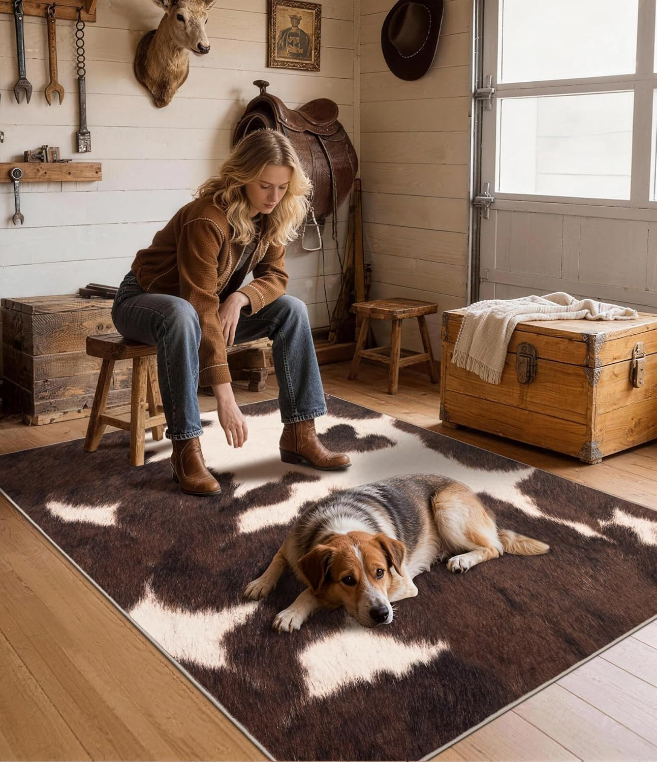 Cowhide 4X6 Area Rug, Brown Cow Rugs for Living Room, Soft Low-Pile Washable Rug, Western Rustic Faux Animal Print Rugs for Bedroom, Dining Room